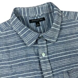 Banana Republic Mens Large Blue White Striped Linen Cotton Short Sleeve Shirt